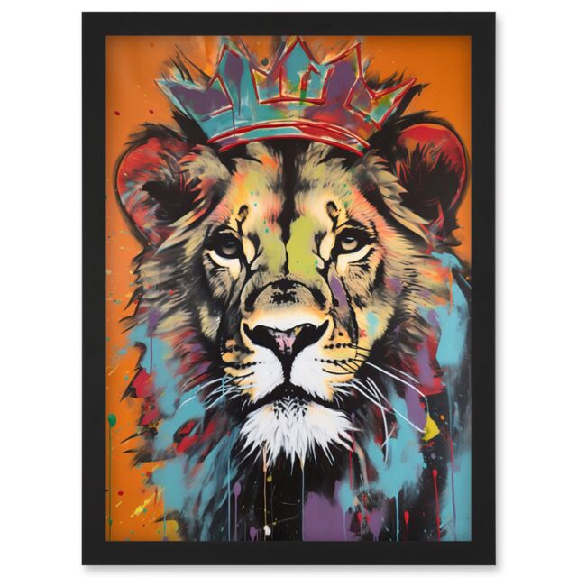 Artery8 Lion Wearing Crown Jungle King Animal Portrait Artwork Framed Wall Art Print A4 in Black - image 1