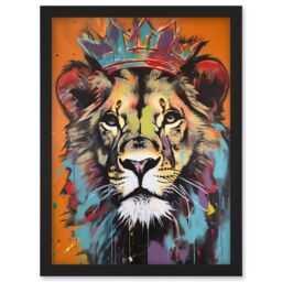 Artery8 Lion Wearing Crown Jungle King Animal Portrait Artwork Framed Wall Art Print A4 in Black - thumbnail 1