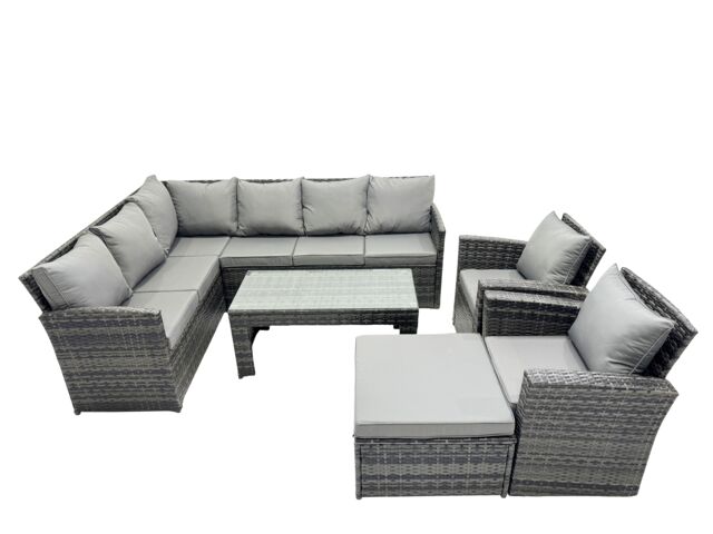 Fimous 9 Seat Poly Rattan Corner Sofa Set with Big Stool 2 Chairs in Dark Grey - image 1
