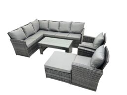 Fimous 9 Seat Poly Rattan Corner Sofa Set with Big Stool 2 Chairs in Dark Grey - thumbnail 2