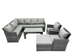 Fimous 9 Seat Poly Rattan Corner Sofa Set with Big Stool 2 Chairs in Dark Grey - thumbnail 1