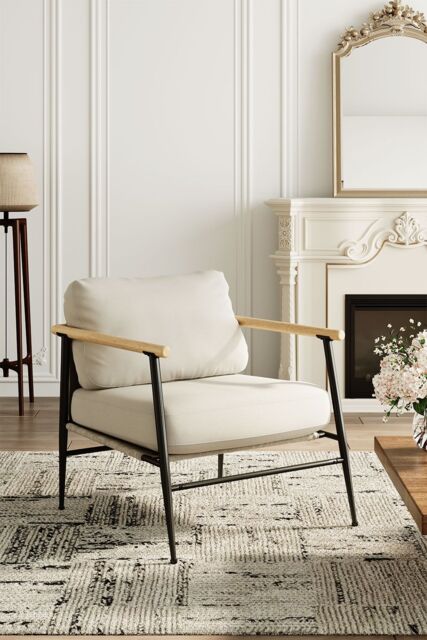 Living and Home Linen Armchair with Thick Cushion in White - image 1