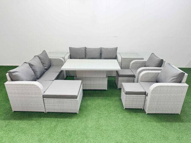 Fimous PE Rattan High Back Lounge Sofa Set Patio Adjustable Lifting Dining or Coffee Table & Chairs Set w/ 3 Seater Sofa Reclining Chair 3 Stools 2 - image 1