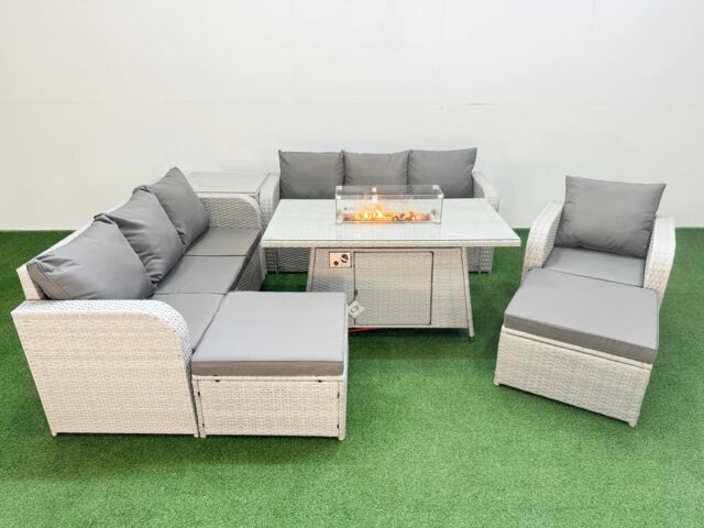 Fimous 9 Seater Poly Rattan Outdoor Garden Furniture Firepit Dining Table Sofa Set Patio 3 Seater Sofa Reclining Chair 3 Seater Sofa 2 Big Footstools - image 1