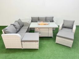 Fimous 9 Seater Poly Rattan Outdoor Garden Furniture Firepit Dining Table Sofa Set Patio 3 Seater Sofa Reclining Chair 3 Seater Sofa 2 Big Footstools - thumbnail 2