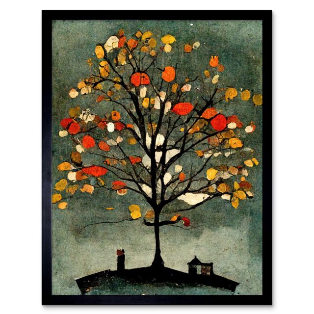"Artery8 Wall Art Print Quirky Abstract Autumn Tree Art Framed in Black - Size: W12"" x H16""" - image 1