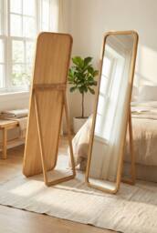 Living and Home 45x155cm Tempered Glass Full-Length Mirror with Stand & Pine Frame in Natural - Size: 45x155 cm - thumbnail 2