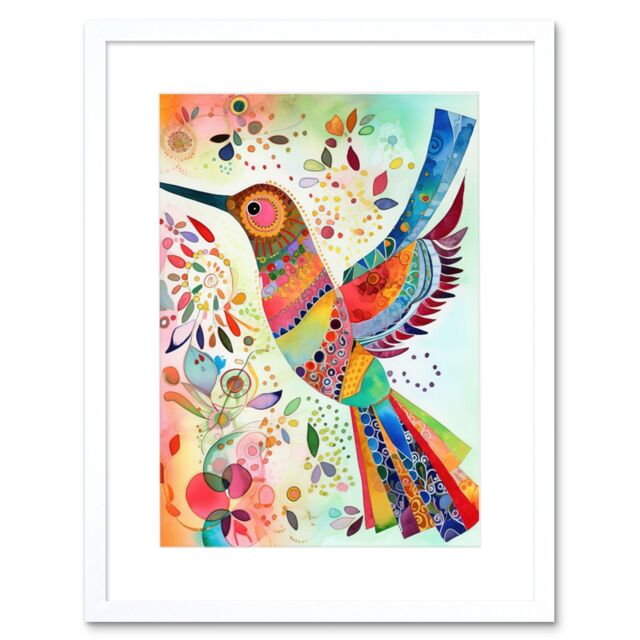 "Artery8 Wall Art Print Hummingbird With Multicolour Pattern Feathers Folk Art Watercolour Painting Artwork Framed 9X7 Inch in White - Size: W7"" x H9""" - image 1