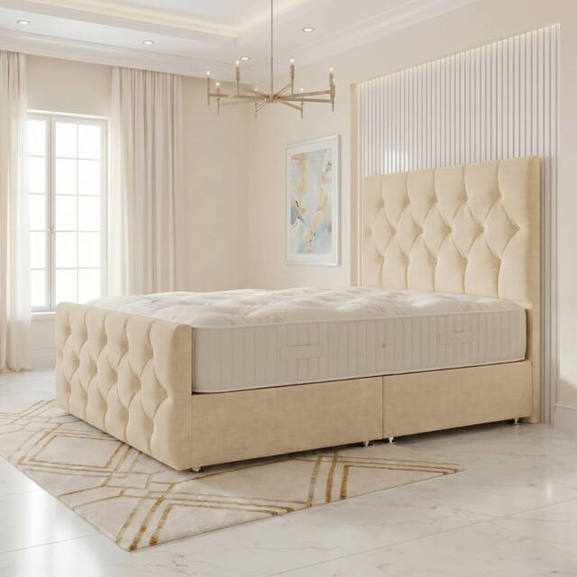"Somnior Ziggy Linen Divan Bed Mattress No Draw 54"" Headboard & 22"" Footboard in Beige - Size: Super King" - image 1