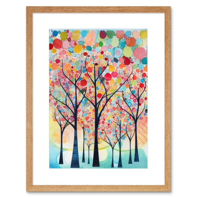 "Artery8 Wall Art Print Colourful Trees Blooming In Spring Folk Art Watercolour Painting Artwork Framed 9X7 Inch in Beige - Size: W7"" x H9""" - image 1