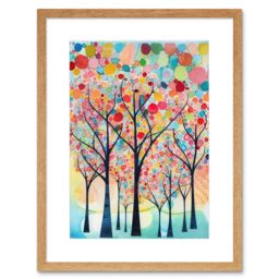 "Artery8 Wall Art Print Colourful Trees Blooming In Spring Folk Art Watercolour Painting Artwork Framed 9X7 Inch in Beige - Size: W7"" x H9""" - thumbnail 1