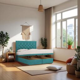 "Knight Sleep Athens Plush Fabric End Opening Ottoman Bed + Mattress & 24"" Headboard in Baby Blue - Size: King" - thumbnail 1