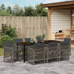Berkfield Home 9 Piece Garden Dining Set with Cushions Grey Poly Rattan in Black - thumbnail 4