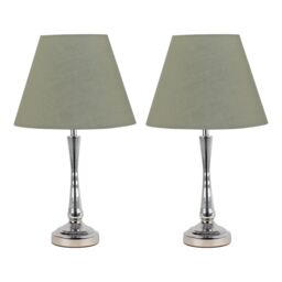 Set of 2 Chrome Table Lamps with Stem Detail and Sage Green Shades