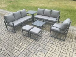 Fimous Aluminium 9 Seater Outdoor Garden Furniture Lounge Sofa Set with Square Coffee Table Chair 2 Small Footstools Side Table Dark Grey - thumbnail 1