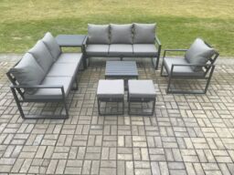 Fimous Aluminium 9 Seater Outdoor Garden Furniture Lounge Sofa Set with Square Coffee Table Chair 2 Small Footstools Side Table Dark Grey - thumbnail 2