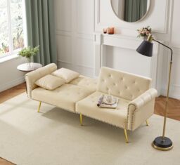 Matteo Modern 2-Seater Velvet Sofa Bed, 3-Stage Adjustable Backrest in Beige - thumbnail 9