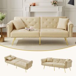 Matteo Modern 2-Seater Velvet Sofa Bed, 3-Stage Adjustable Backrest in Beige - thumbnail 2
