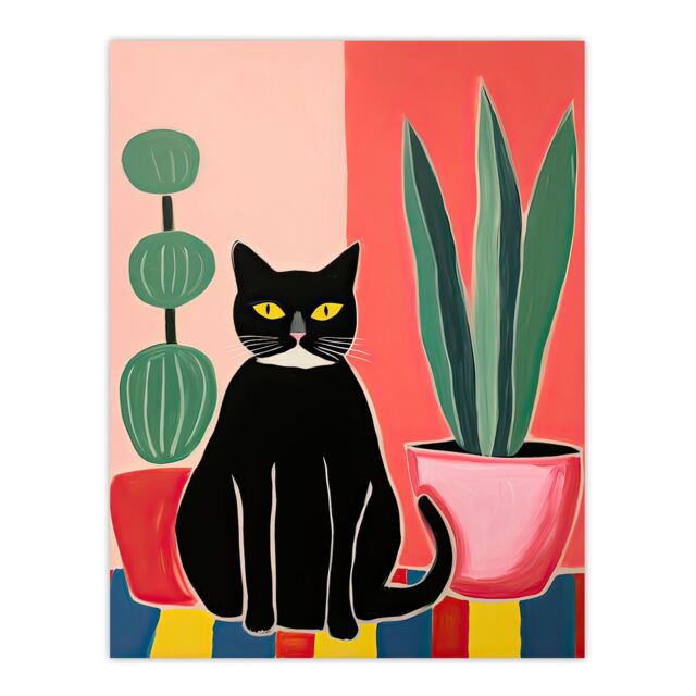 "Artery8 Wall Art Print Black Cat & Succulents Henri Matisse Style Oil Painting Simple Pet Portrait with Potted Plants Poster - Size: W18"" x H24""" - image 1