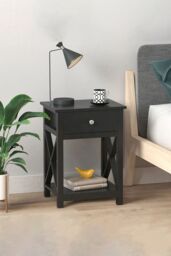 Living and Home 55.5cm H One Drawer Wooden Bedside Table Night Stand with Shelf in Black - thumbnail 4