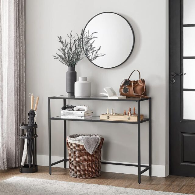 VASAGLE Console Entrance Table Glass Top Metal Frame 2 Levels Adjustable in Black - image 1