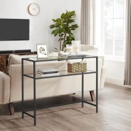 VASAGLE Console Entrance Table Glass Top Metal Frame 2 Levels Adjustable in Black - thumbnail 4