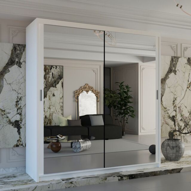 Sliding Wardrobes 4U Double Mirror Sliding Wardrobe With LED Light W100cm x H217cm x D62cm in White - image 1