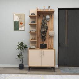 Destina Home Modern Hallway Coat Rack with Six Shelves, Cabinet & Hooks-183x74x35 in Light Beige - Size: 2 Pack - thumbnail 3