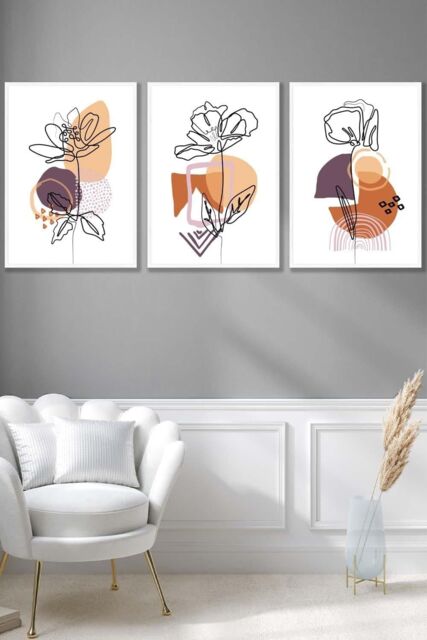ARTZE Set of 3 White Framed Line Art Flowers on Purple Orange Boho Shapes Wall Art - Size: W33 cm x H45 cm x D20mm - image 1