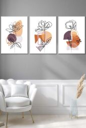 ARTZE Set of 3 White Framed Line Art Flowers on Purple Orange Boho Shapes Wall Art - Size: W33 cm x H45 cm x D20mm