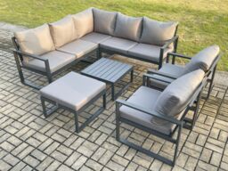 Fimous Outdoor Garden Furniture Set Aluminium Lounge Sofa Square Coffee Table Sets with 2 Pcs Chair Big Footstool Indoor Conservatory Set Dark Grey - thumbnail 2