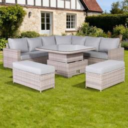 Furnishings For Less UK Round Corner Rattan Patio Sofa Set with Adjustable Table in Grey