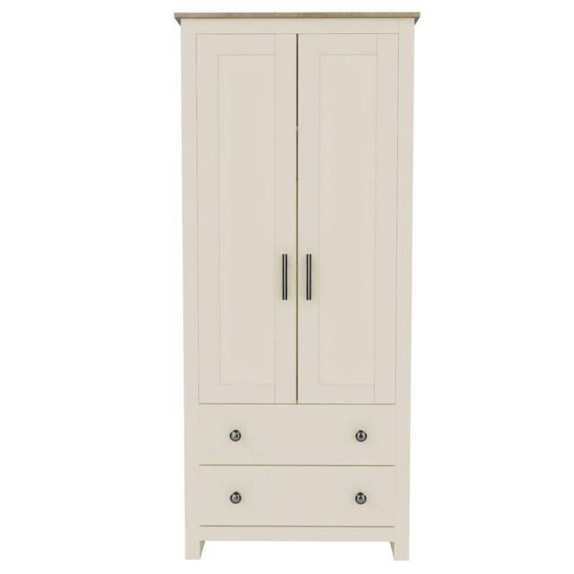 FLAVORA Cream 2 Door Wardrobe Oak Top Drawers Hanging Rail Slim - Size: 100 cm x 100 cm - image 1