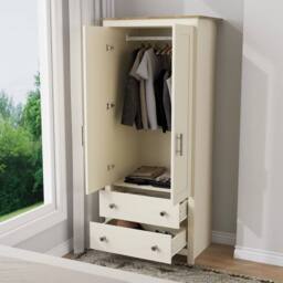 FLAVORA Cream 2 Door Wardrobe Oak Top Drawers Hanging Rail Slim - Size: 100 cm x 100 cm - thumbnail 5