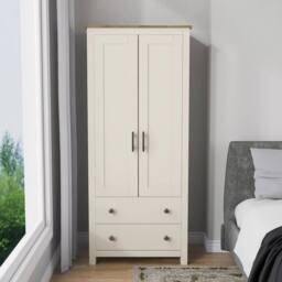 FLAVORA Cream 2 Door Wardrobe Oak Top Drawers Hanging Rail Slim - Size: 100 cm x 100 cm - thumbnail 8