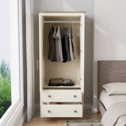 FLAVORA Cream 2 Door Wardrobe Oak Top Drawers Hanging Rail Slim - Size: 100 cm x 100 cm - thumbnail 7