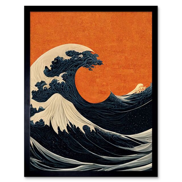 "Artery8 Wall Art Print Minimalist Orange Sunset Sky Modern Style Of Great Wave Off-Kanagawa Art Framed in Black - Size: W12"" x H16""" - image 1