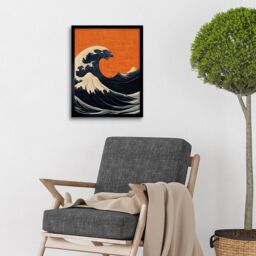 "Artery8 Wall Art Print Minimalist Orange Sunset Sky Modern Style Of Great Wave Off-Kanagawa Art Framed in Black - Size: W12"" x H16""" - thumbnail 2