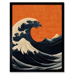 "Artery8 Wall Art Print Minimalist Orange Sunset Sky Modern Style Of Great Wave Off-Kanagawa Art Framed in Black - Size: W12"" x H16""" - thumbnail 1
