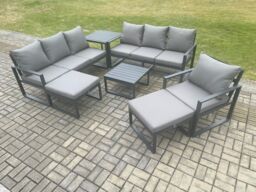 Fimous Aluminium Outdoor Lounge Sofa Set Garden Furniture Sets with Square Coffee Table Chair 2 Big Footstools Side Table Dark Grey - thumbnail 1