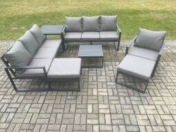 Fimous Aluminium Outdoor Lounge Sofa Set Garden Furniture Sets with Square Coffee Table Chair 2 Big Footstools Side Table Dark Grey - thumbnail 2