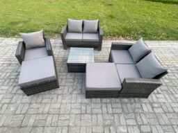 Fimous 7 Seater Rattan Outdoor Garden Furniture Sofa Set Table & Chairs with 2 Big Footstool Dark Grey Mixed - thumbnail 1