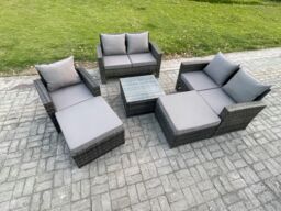 Fimous 7 Seater Rattan Outdoor Garden Furniture Sofa Set Table & Chairs with 2 Big Footstool Dark Grey Mixed - thumbnail 2