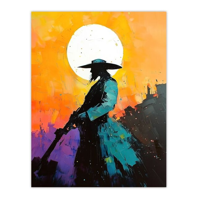 "Artery8 Wild West Sunset Desperado Cowboy Concept Art Wall Art Print in Orange - Size: W18"" x H24""" - image 1