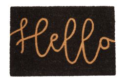 Orsina Hello' Black Coir Doormat, Stylish Monochrome Welcome Mat With Durable PVC Backing, Hard-Wearing - Size: Medium - thumbnail 1