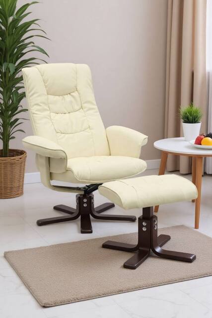 PU Leather Swivel Recliner Chair with Footstool in Beige