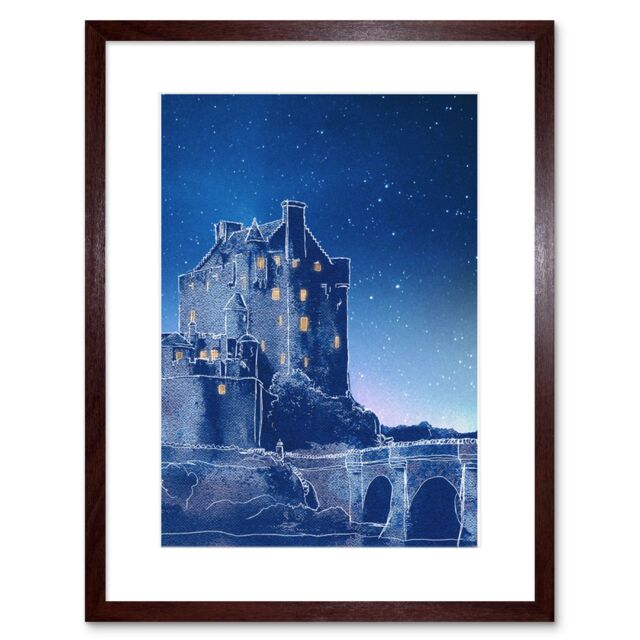 "Artery8 Wall Art Print Scotland Eilean Donan Night Framed in Brown - Size: W7"" x H9""" - image 1