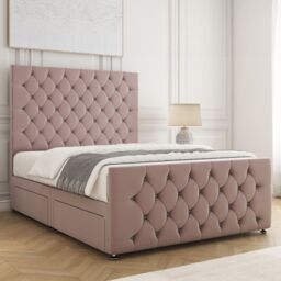 "BSSPOKE Maya Plush Velvet Divan Bed 54""Headboard & 2Drawers Same Side Mattress in Pink - Size: Double" - thumbnail 3