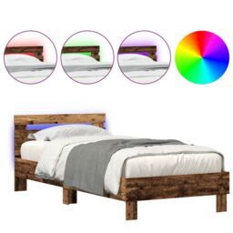 Berkfield Home Bed Frame with LED Lights Old Wood 75x190 cm Engineered Wood in Brown - thumbnail 4
