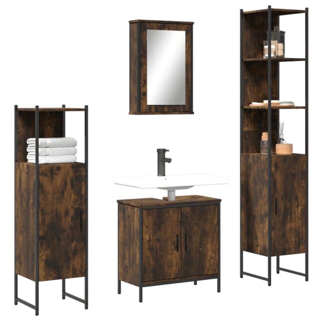 Berkfield Home 4 Piece Bathroom Furniture Set Smoked Oak Engineered Wood in Brown - image 1